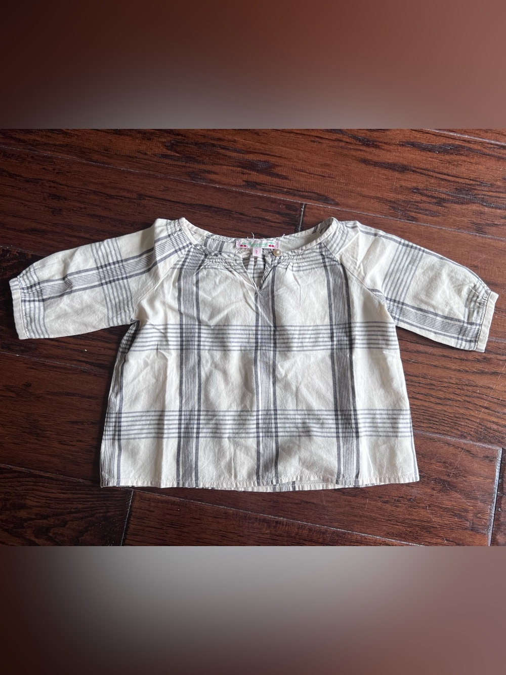 Bonpoint Girls' Plaid Cotton Top - Cream with Gray Stripes